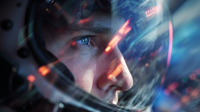 A close-up of a person wearing a space helmet, with intricate reflections of control panels within the visor. Intense focus is evident