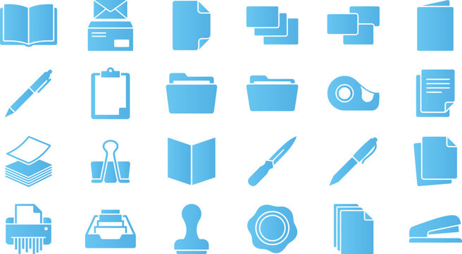 Set of document and office file management icons in blue style for business operations.