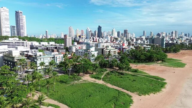 4K aerial drone footage of Jo&atilde;o Pessoa beachfront skyline in Para&iacute;ba Brazil
