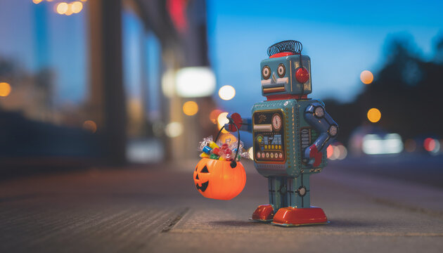 A retro tin toy robot stands on a city sidewalk at dusk, holding a small orange Halloween pumpkin pail filled with colorful candies, with blurred urban lights in the background.