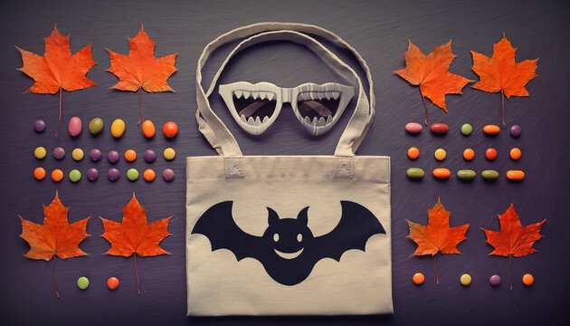 Flat lay of Halloween trick-or-treat bag with bat, vampire teeth glasses, colorful candies, and autumn leaves on a dark background.