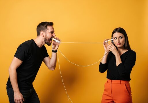 Young couple using a DIY string telephone for communication, man yelling and woman looking annoyed, studio shot.
