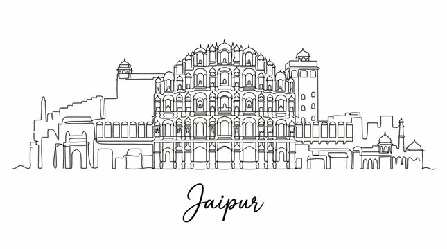 Minimalist continuous line drawing of Jaipur India city skyline featuring the iconic Hawa Mahal landmark palace facade, artistic one-line vector illustration of historic Rajasthan architecture.