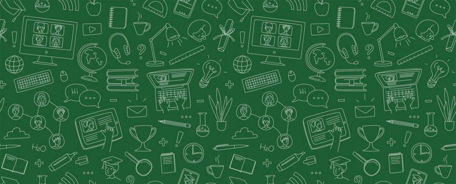 Education E-learning Seamless Doodle horizontal Pattern White on green chalkboard style Vector
