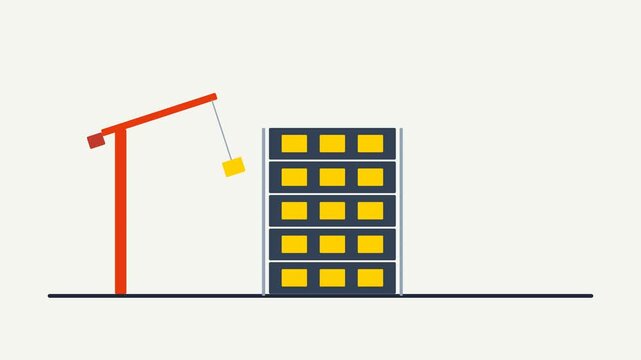 Minimalist Animation of Construction Crane Building a High Rise Office