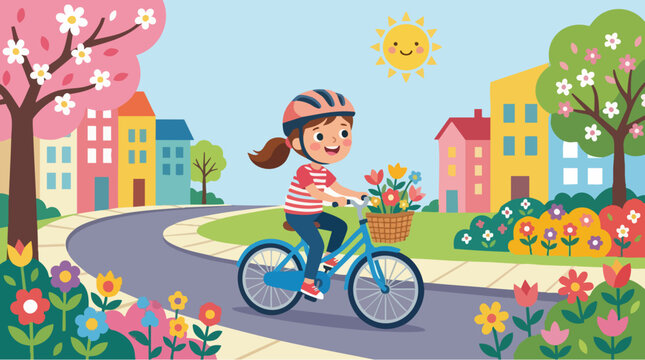 Cartoon girl riding bicycle on city street, happy child cycling in sunny spring park, flat vector illustration of kid on bike with flower basket