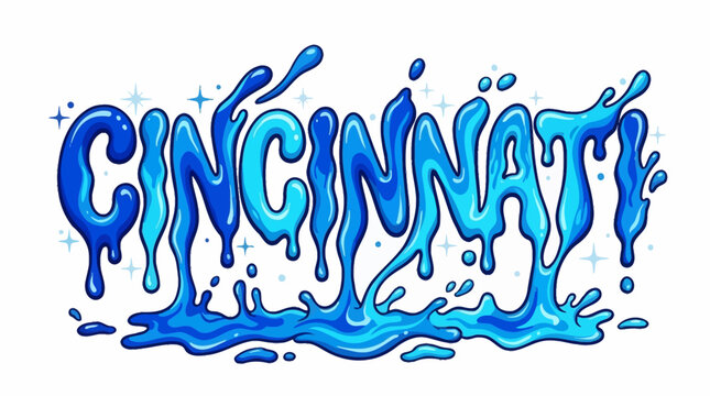 Creative Cincinnati city typography featuring blue liquid melting font effect with glossy droplets and fluid splashes isolated on a clean white background for modern graphic branding design