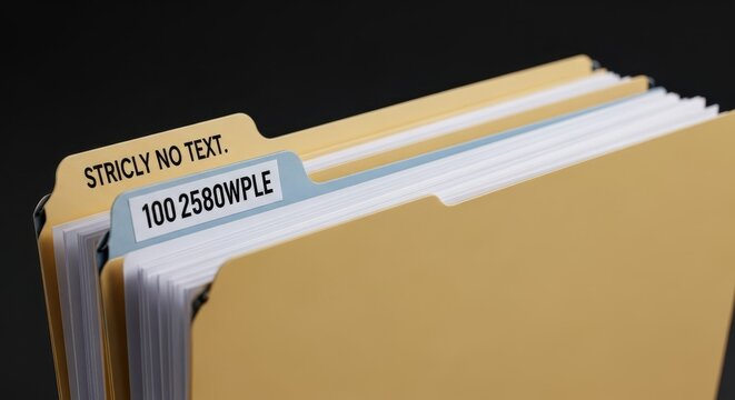A stack of manila folders with colored tabs and labels, indicating organized document storage in an office setting