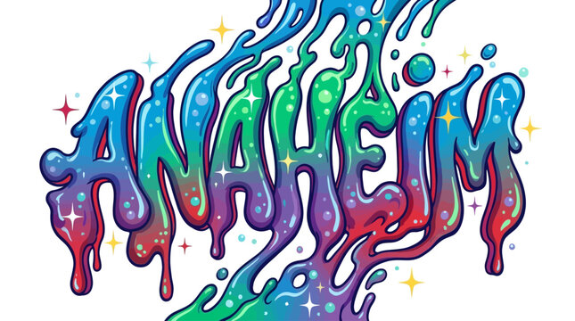 Vibrant Anaheim graffiti lettering featuring a melting liquid effect with glowing celestial sparkling stars and urban aerosol paint typography on an artistic background.