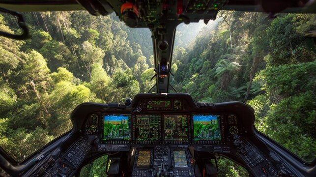 A helicopter's cockpit view of a lush green jungle canopy from above, sunlight streaming through a narrow valley
