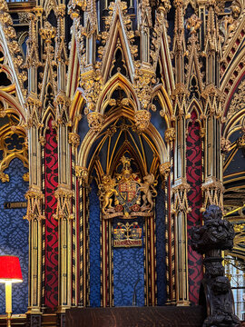 Ornate Gothic Choir Screen And Royal Crest Emblem, Westminster Abby, London