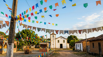 Fototapeta premium Colorful triangular flags hang overhead in a Brazilian village square decorated for the Festa Junina celebration honoring Saint John.