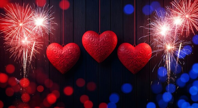 Three red hearts hanging on dark wooden background with fireworks