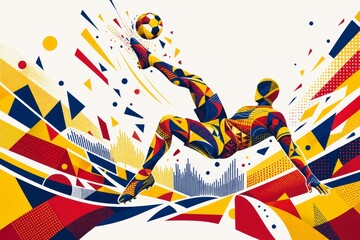 Obraz premium Colombia national football team wallpaper, banner, background. Colombia soccer player performing an aerial bicycle kick in a dynamic geometric poster design.