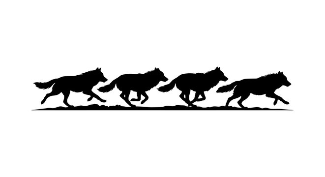 Silhouette of Four Running Wolves, Pack Animal Symbolism, Wild Canine Vector Art, Nature Wildlife Graphic