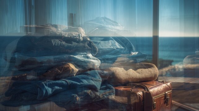A stack of clothes overlays a vintage suitcase inside, with a blurred seascape seen through a window. The ocean reflects light