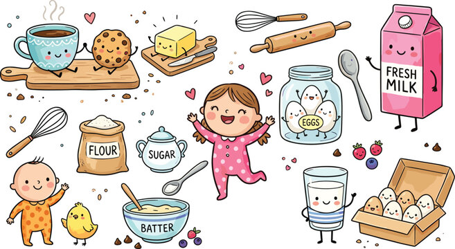 Cute Kawaii Baking and Breakfast Vector Clipart Set with Happy Kids Milk Carton Eggs Butter Flour and Cooking Utensils for Children Graphic Designs