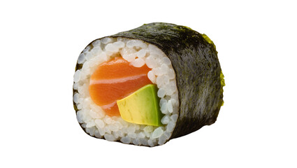 Isolated fresh sushi roll with salmon and avocado, a delicious traditional Japanese maki dish © Oisin