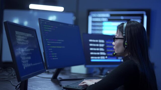 Smiling woman call center agent with headset working in a modern office