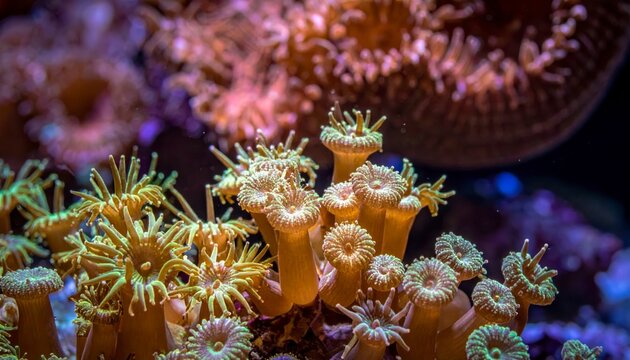 Intricate Coral Polyps Teeming with Microscopic Life in a Vibrant Underwater Reef Ecosystem