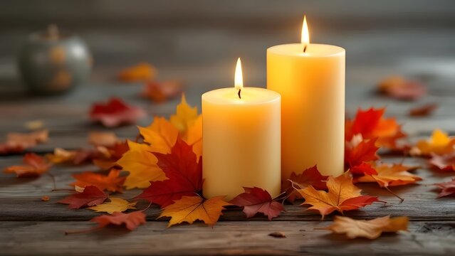 Two lit tall pillar candles surrounded by fallen autumn maple leaves on a rustic wooden surface