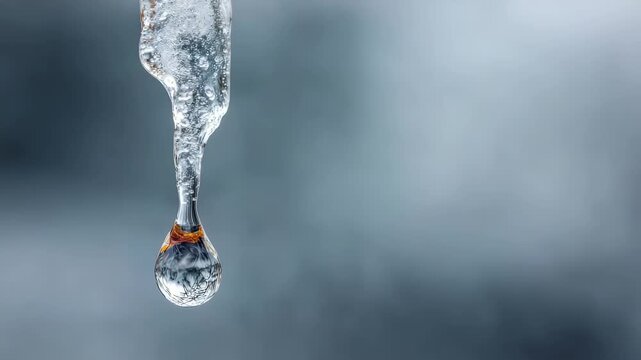 Closeup of a melting icicle with a single water droplet about to fall, symbolizing the transition from winter to spring. Macro photography captures the intricate details of ice and water