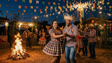 Fototapeta premium Happy couple dances at a Brazilian Festa Junina party with bonfire and colorful decorations under night sky.