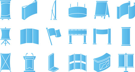Assortment of blue icons featuring display stands banners and promotional event materials. © Sabbir