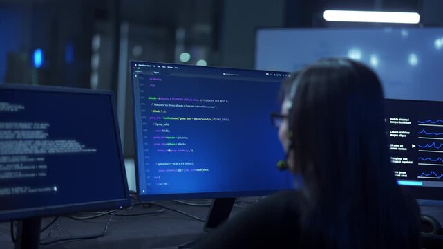 Rear view of woman call center operator with headset working in a modern office