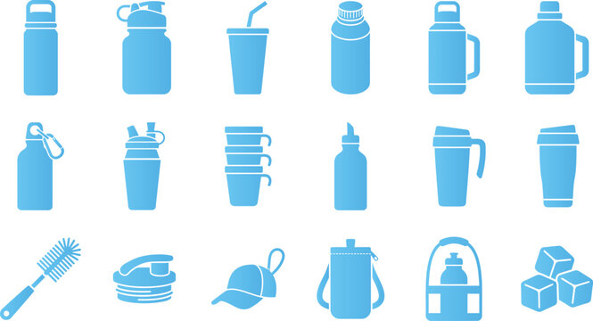 Water bottle and hydration container icons set featuring thermos flasks and tumbler designs.