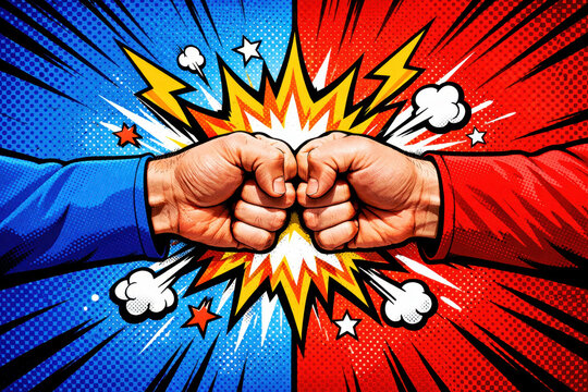 Two fists bumping in a comic book explosion with red and blue color background