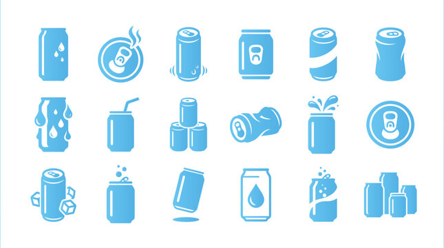 Blue cans with drinks and effects on white background beverage icons collection.