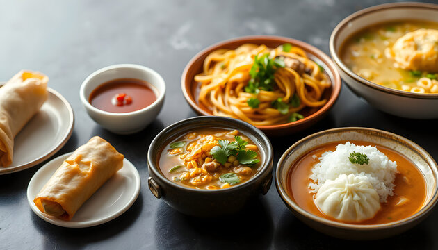 selection of asian food- spring roll, samosa, fried noodles, soup, rice and dumpling, magazine photoshoot. White tone