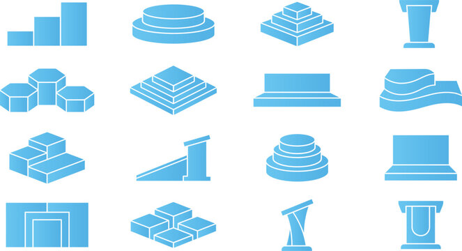 Isometric podium and platform icons set for awards and product display in blue color.
