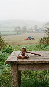 Judge gavel on rustic wooden table overlooking farmland with tractor working in the background. Concept of agricultural law, land ownership, rural property auction, farming regulations and legal issue