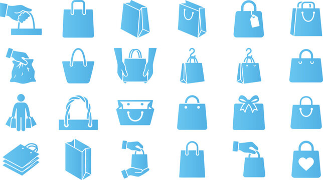 Shopping bag icons collection blue paper bag symbols for retail and commerce marketplace.