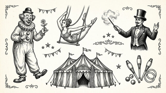 Vintage Circus Performers and Tent Illustration.
