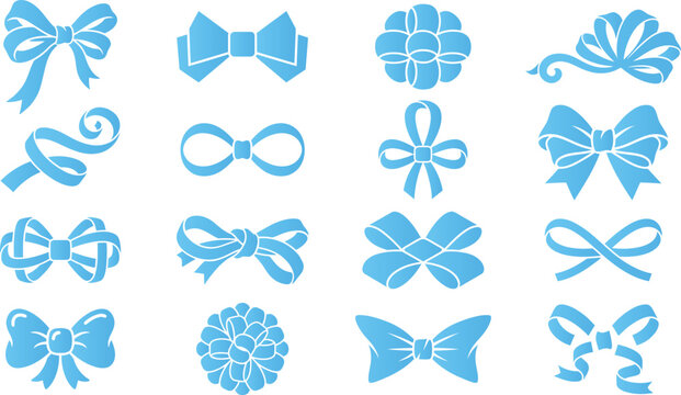Set of blue gift bows and ribbon knots for celebratory gift boxes and festive decoration.