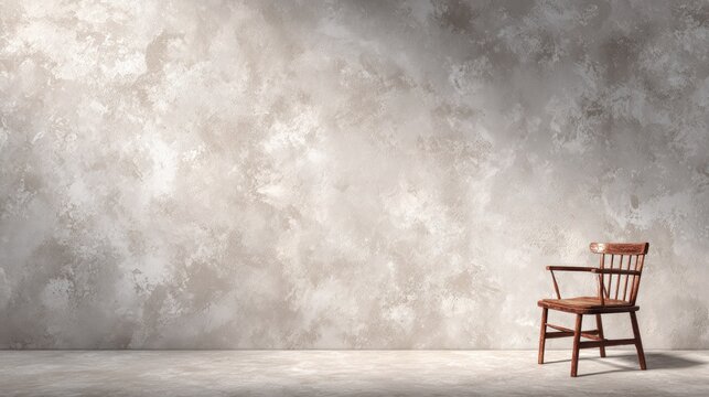 Single wooden chair rests against a textured wall with diffuse lighting effects