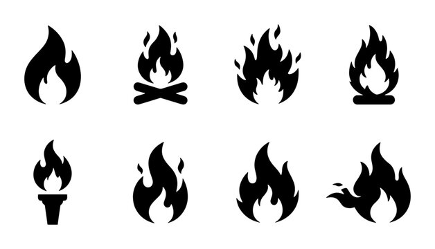 Set of 8 Black Fire Icons, Flame Symbols, Torch, Campfire, Heat Energy, Abstract Blaze Graphics
