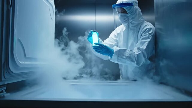 Scientists in hazmat suits handling frozen nitrogen in laboratory freezers with smoke and fog