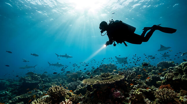 A scuba diver explores a vibrant coral reef teeming with marine life, illuminated by sunlight rays.