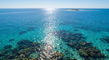 Fototapeta premium Brilliant Sunlight Reflecting Off Crystal Clear Turquoise Ocean Waters Near Tropical Island