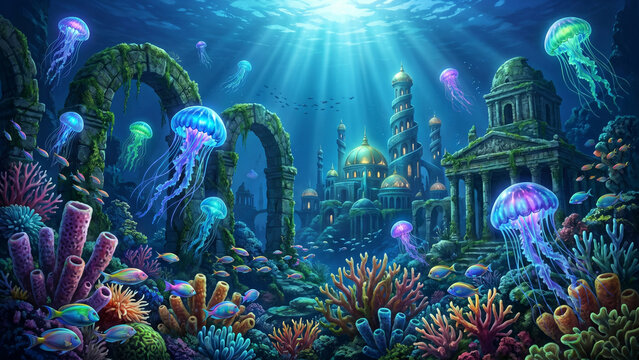 Underwater World
&ldquo;A magical underwater kingdom with glowing jellyfish, ancient ruins, colorful coral reefs, fantasy ocean scene, ultra detailed digital art, 4K UHD&rdquo;