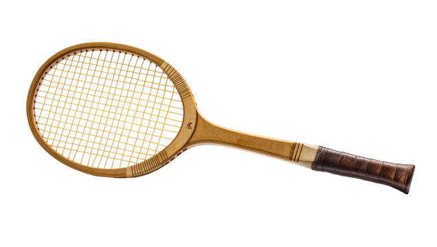 Isolated vintage wooden tennis racket with classic design and aged brown leather grip