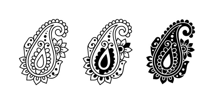 Paisley Pattern Vector Icons, Traditional Indian Motifs, Decorative Ethnic Ornaments, Black and White Designs