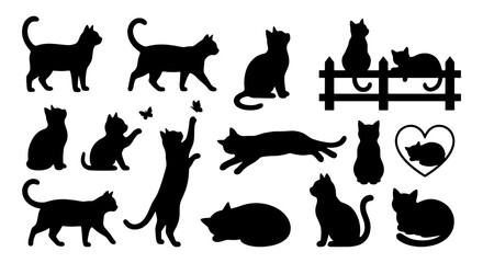 Diverse Cat Silhouettes Collection, Vector Art: Playful Felines, Poses, and Companionship Elements for Graphic Design © Mahinul