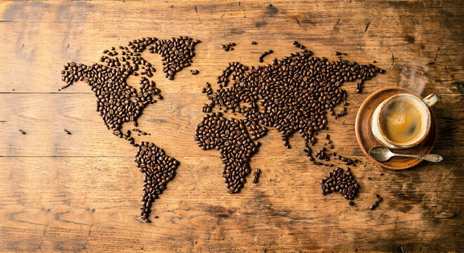 World map made of coffee beans on wooden background with a cup of espresso, generative AI,