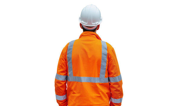 Isolated worker wearing orange reflective safety jacket and white hard hat, viewed from behind