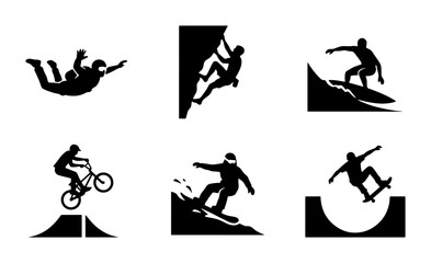 Obraz premium Extreme Sports Silhouettes: Skydiving, Rock Climbing, Surfing, BMX, Snowboarding, Skateboarding Vector Icons